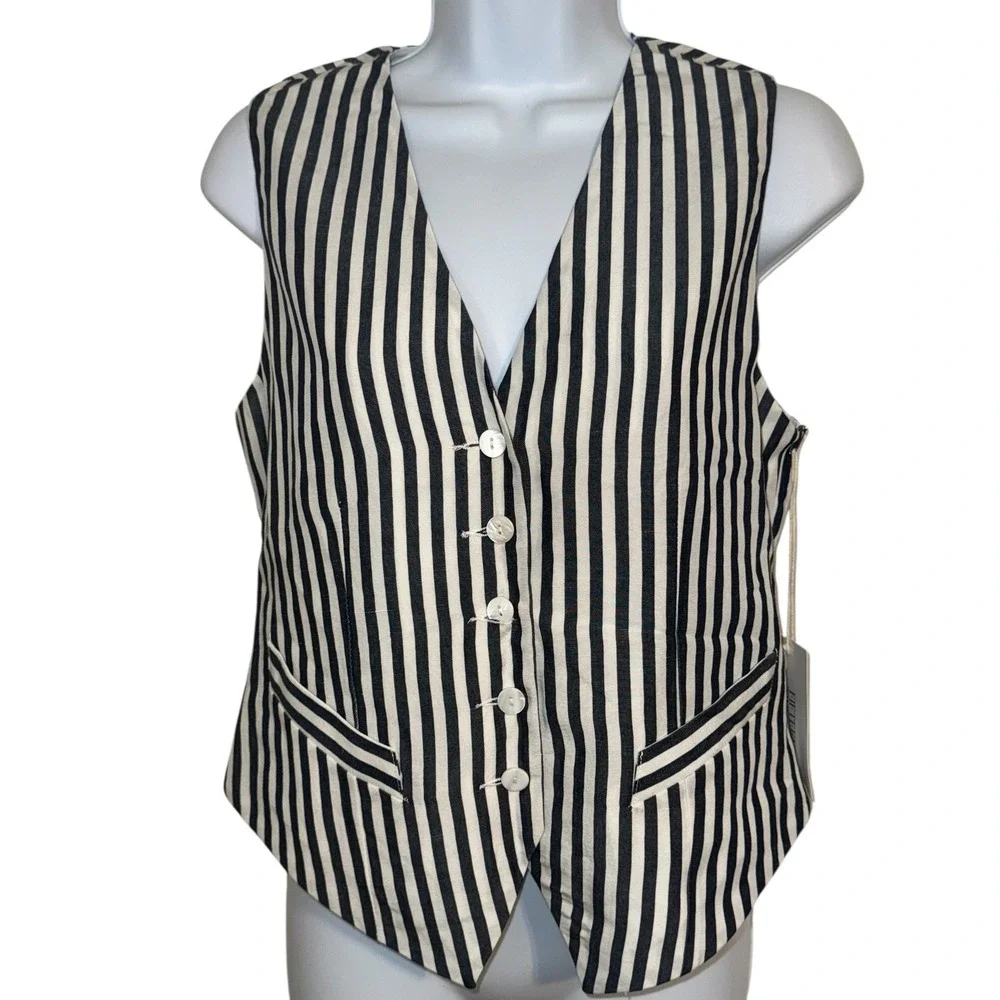 FIFTEEN TWENTY Black and White Striped‎ Button Front Tie Back Vest NWT Size XS